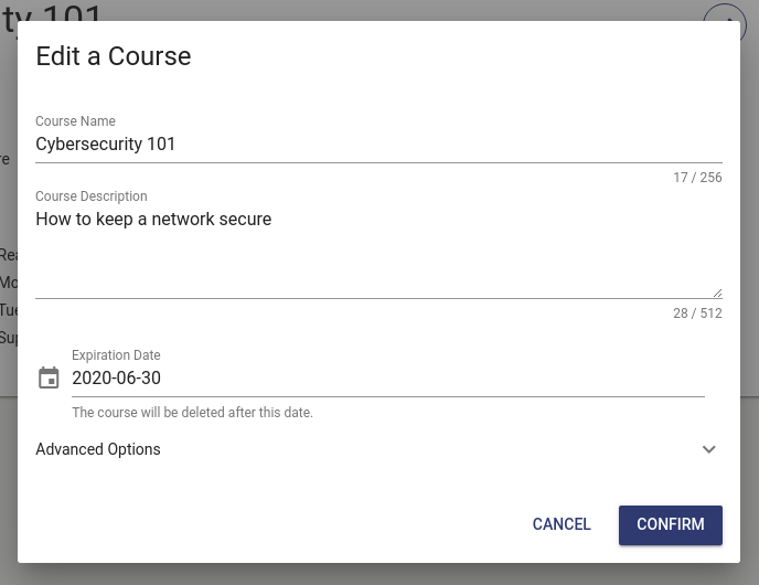 The pop-up window displays the default expiration date, just below the Course Name and Course Description.