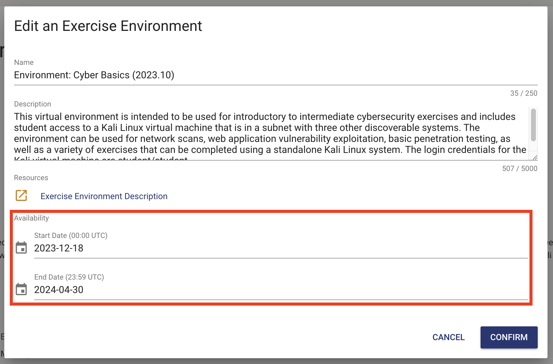 The Edit an Exercise Environment pop-up is displayed. The availability with the start date and end date are under the Exercise Environment Description link.