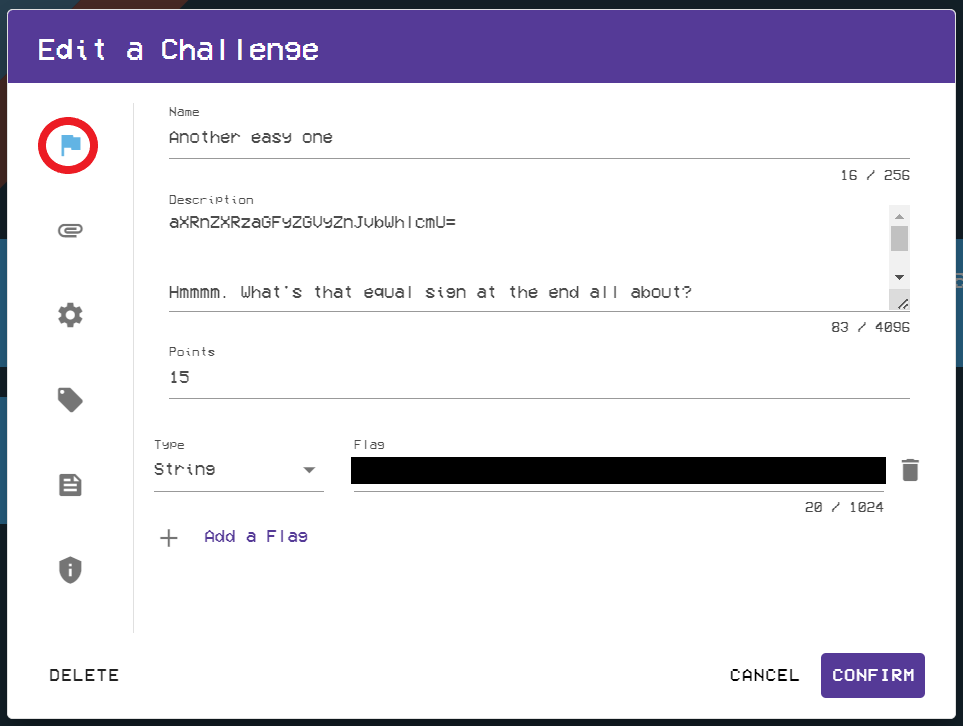 The Flag Icon is located in the top left of the window, just under the header named Edit a Challenge.