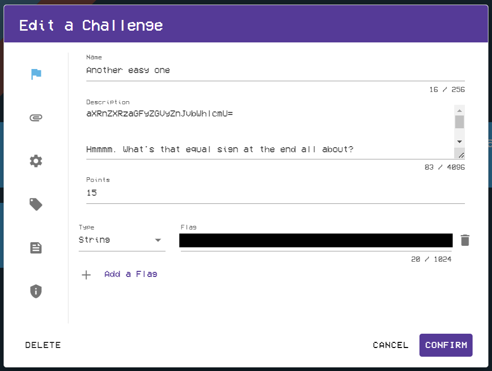 The Edit a Challenge page is shown, with options to adjust the challenge information. The flag value is to the right of the type value, and a cancel and confirm button are in the bottom right.