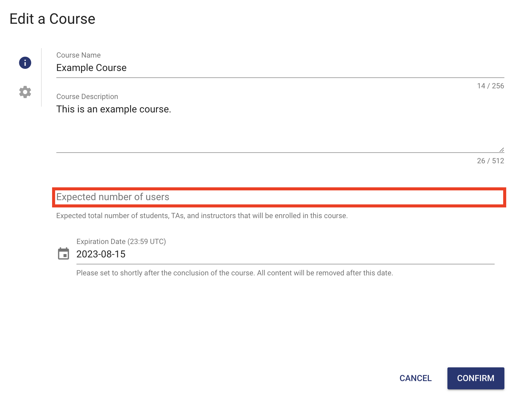 Expected Number of Users is the field after Course Description.