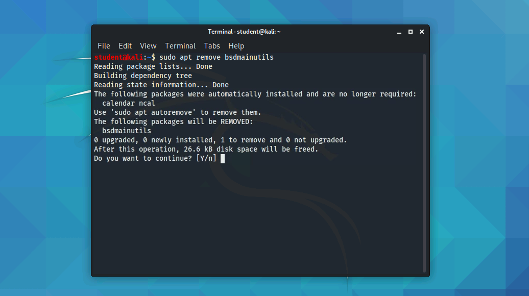 Removing a package will prompt the terminal to display the amount of disk space freed, as well as confirmation by typing Y or N.