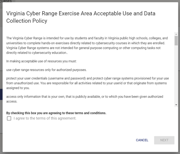 Under the policy is the agreement statement with a check box underneath. In the bottom right is a cancel button with a next button to its right.