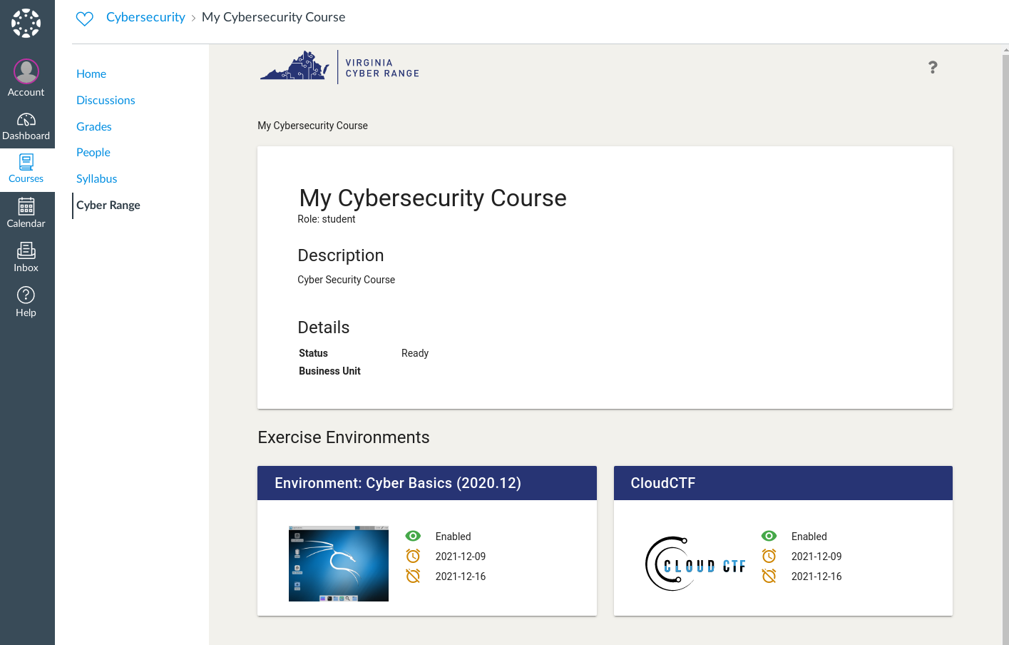 In the Cyber Range app, students are presented a list of Exercise Environments in their course.