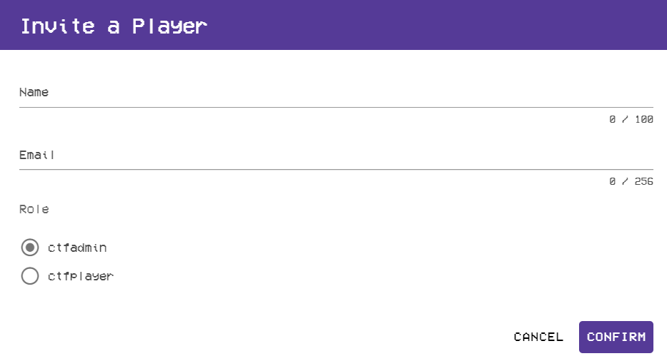 A popup menu option is shown, with a Name field and an Email field underneath. Underneath the Email field, there is also an option to choose what role you want the user to be.