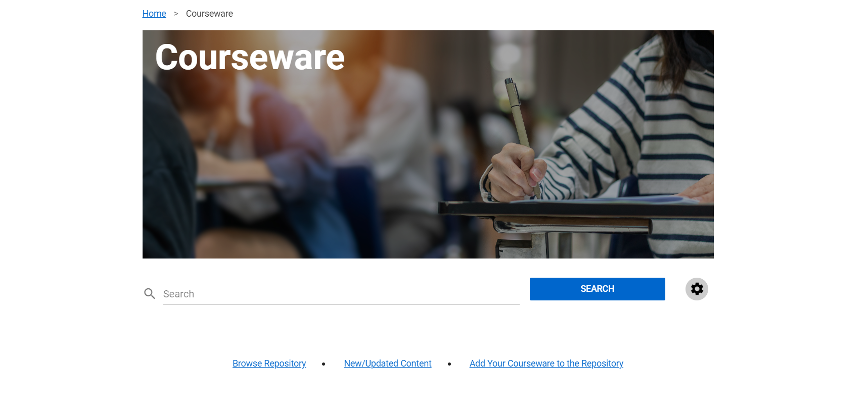 The Courseware Page is shown with a search bar in the middle of the page.