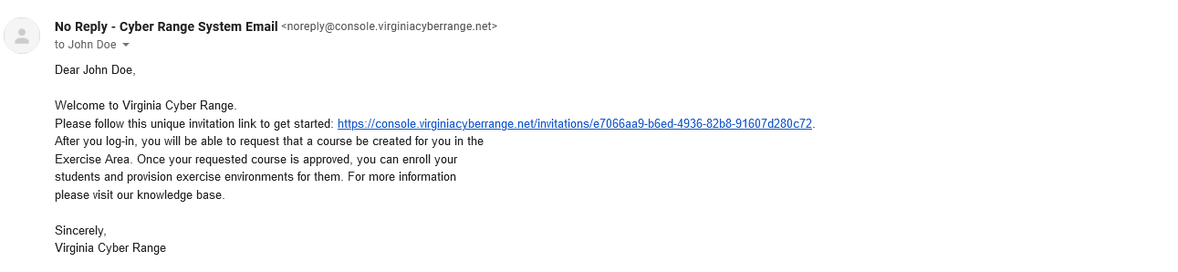 Your invitation will be sent from noreply@console.virginiacyberrange.net.