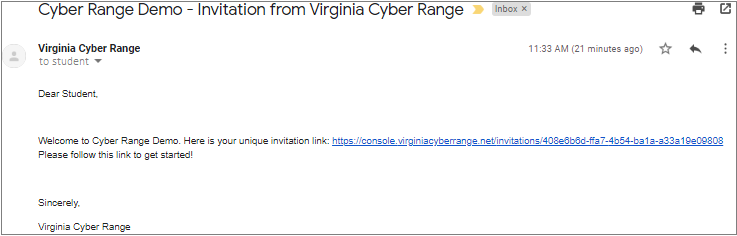 Screenshot depicting an email that includes an invitation link from the Cyber Range.